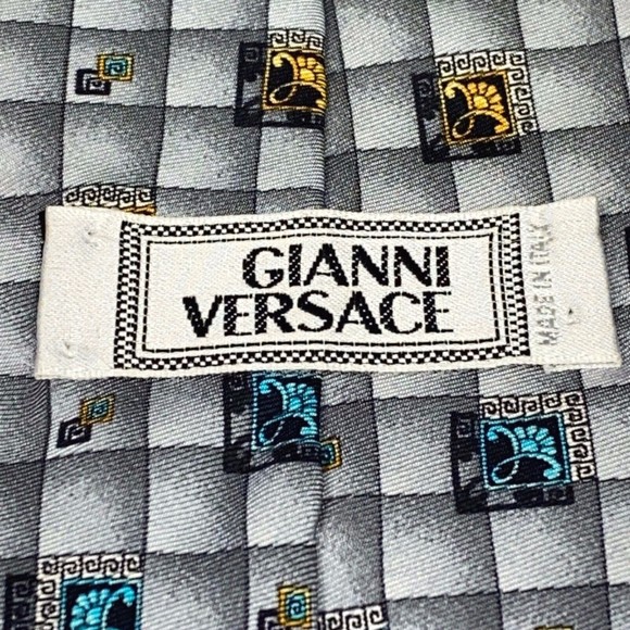 GIANNI VERSACE Vintage 90s Tie Baroque Flower Medusa Grey Squares Plaid Necktie - Picture 5 of 12
